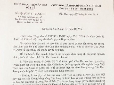 Sở Y tế Cần Thơ thông tin về vụ thuốc gây tê Bupivacaine