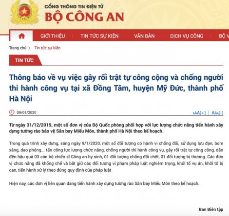 Vụ Đồng Tâm: 3 chiến sỹ công an hy sinh, 1 đối tượng chống đối tử vong
