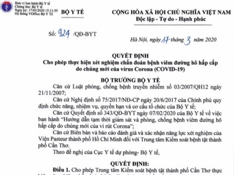 Bộ Y tế quyết định cho Cần Thơ thực hiện xét nghiệm chẩn đoán COVID -19