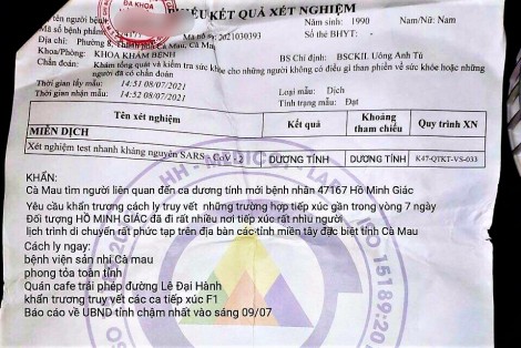 Cà Mau: Phiếu xét nghiệm có nội dung “phong tỏa toàn tỉnh” là giả