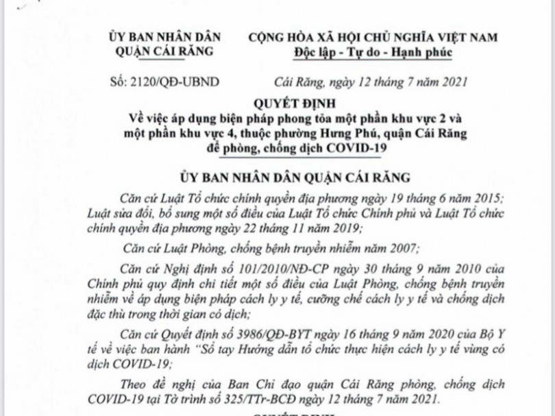 Cần Thơ: Phong tỏa một phần khu vực 2 và một phần khu vực 4 phường Hưng Phú