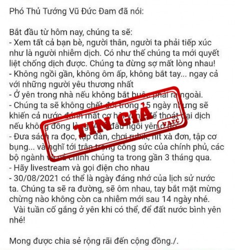 "7 lời khuyên chống dịch của Phó Thủ tướng" là giả mạo