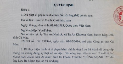 Cà Mau: Xử phạt 2 người đăng tin “bé trai 17 tuổi bị chém chết dã man”