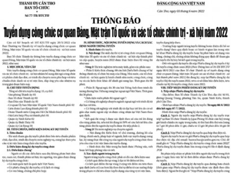 Thông báo tuyển dụng công chức cơ quan Đảng, Mặt trận Tổ quốc và các tổ chức chính trị - xã hội năm 2022