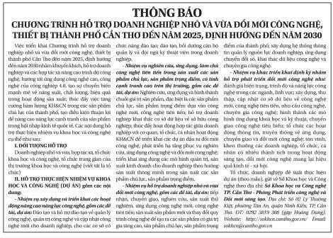 THÔNG BÁOChương trình hỗ trợ doanh nghiệp nhỏ và vừa đổi mới công nghệ,

thiết bị thành phố Cần Thơ đến năm 2025, định hướng đến năm 2030
