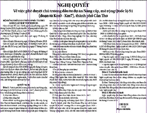 NGHỊ QUYẾT  Về việc phê duyệt chủ trương đầu tư dự án Nâng cấp, mở rộng Quốc lộ 91 (đoạn từ Km0 - Km7), thành phố Cần Thơ