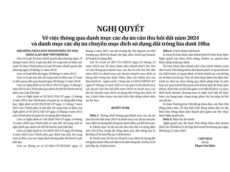 NGHỊ QUYẾTVề việc thông qua danh mục các dự án cần thu hồi đất năm 2024 và danh mục các dự án chuyển mục đích sử dụng đất trồng lúa dưới 10ha