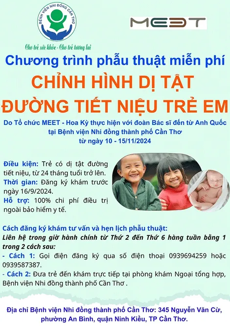 Phẫu thuật miễn phí chỉnh hình dị tật đường tiết niệu ở trẻ em