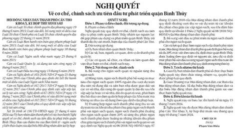 NGHỊ QUYẾTVề cơ chế, chính sách ưu tiên đầu tư phát triển quận Bình Thủy