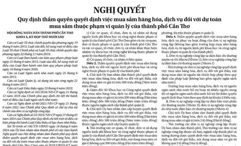 NGHỊ QUYẾT  Quy định thẩm quyền quyết định việc mua sắm hàng hóa, dịch vụ đối với dự toán mua sắm thuộc phạm vi quản lý của thành phố Cần Thơ