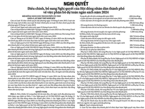 NGHỊ QUYẾTĐiều chỉnh, bổ sung Nghị quyết của Hội đồng nhân dân thành phố về việc phân bổ dự toán ngân sách năm 2024