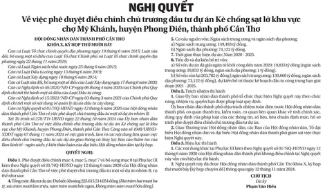 NGHỊ QUYẾT 
Về việc phê duyệt điều chỉnh chủ trương đầu tư dự án Kè chống sạt lở khu vực chợ Mỹ Khánh, huyện Phong Điền, thành phố Cần Thơ