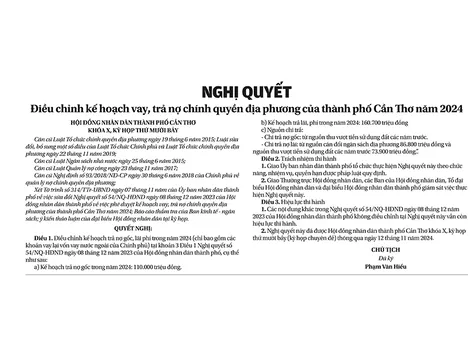 NGHỊ QUYẾT

Điều chỉnh kế hoạch vay, trả nợ chính quyền địa phương của thành phố Cần Thơ năm 2024