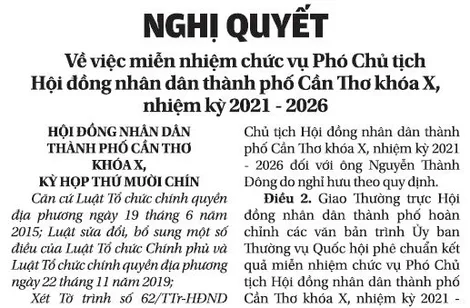 NGHỊ QUYẾT  Về việc miễn nhiệm chức vụ Phó Chủ tịch Hội đồng nhân dân thành phố Cần Thơ khóa X,

nhiệm kỳ 2021 - 2026