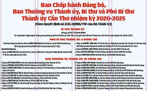 Ban Chấp hành Ðảng bộ, Ban Thường vụ Thành ủy, Bí thư và Phó Bí thư Thành ủy Cần Thơ nhiệm kỳ 2020-2025