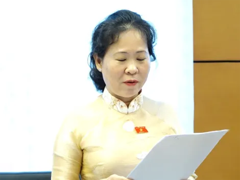 Đại biểu Tô Ái Vang và đại biểu Đào Chí Nghĩa đóng góp ý kiến đối với dự án Luật Dự trữ quốc gia (sửa đổi)
