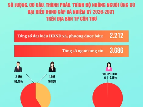 [INFOGRAPHICS] Số lượng, cơ cấu, thành phần, trình độ những người ứng cử đại biểu HĐND cấp xã nhiệm kỳ 2026-2031 trên địa bàn TP Cần Thơ